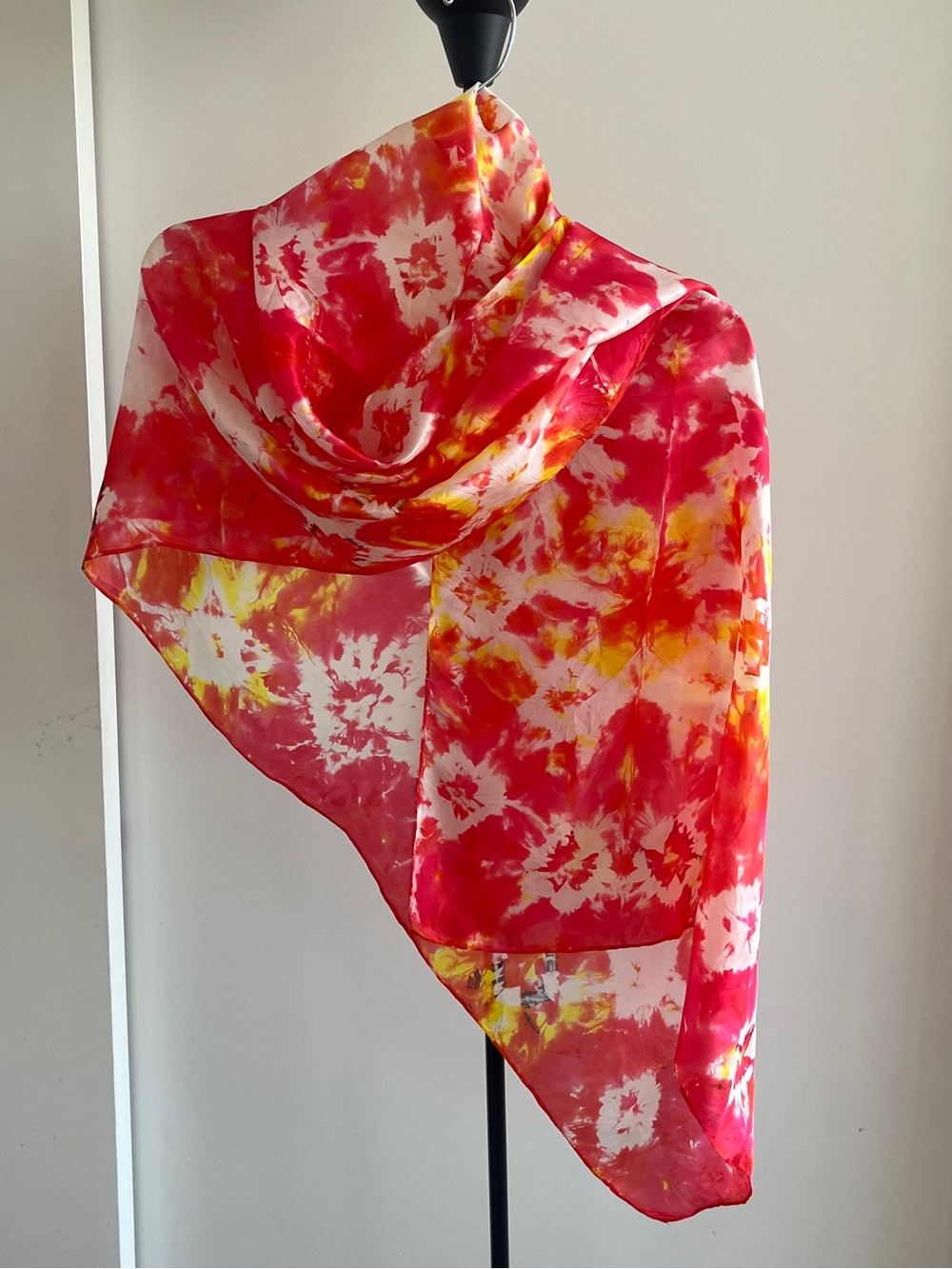 Eileen Fisher Style Tie Dye 100% Silk Rectangle Scarf Stole Red Yellow White 69"